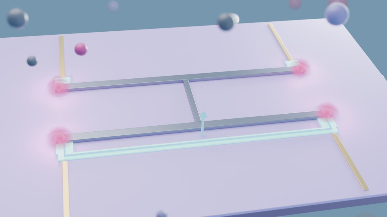 Tétron schématisé : deux nanofils connectés et quatre modes de Majorana